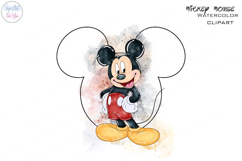 Puede incluir: Una ilustraci&oacute;n de acuarela de Mickey Mouse con un atuendo rojo y negro, zapatos amarillos y un fondo blanco. La imagen tiene un efecto de acuarela con salpicaduras de color.