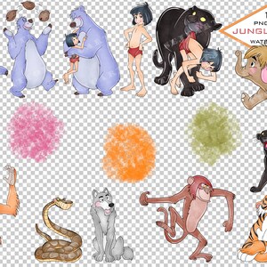 May include: A set of 15 watercolor illustrations featuring characters from the Jungle Book. The illustrations include Baloo the bear, Mowgli, Shere Khan, Kaa the snake, King Louie, Bagheera the panther, and more. The illustrations are perfect for creating digital or printed projects.