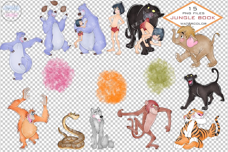 May include: A set of 15 watercolor illustrations featuring characters from the Jungle Book. The illustrations include Baloo the bear, Mowgli, Shere Khan, Kaa the snake, King Louie, Bagheera the panther, and more. The illustrations are perfect for creating digital or printed projects.