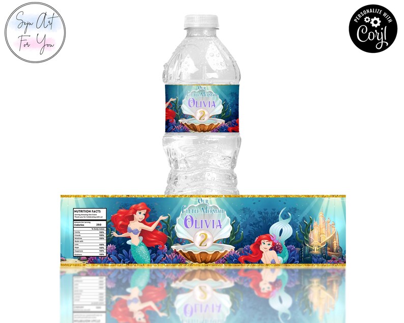 May include: A water bottle with a custom label featuring a mermaid theme. The label includes the name "Olivia" and the number "2" in a seashell design. The background is a vibrant underwater scene with mermaids and a castle.