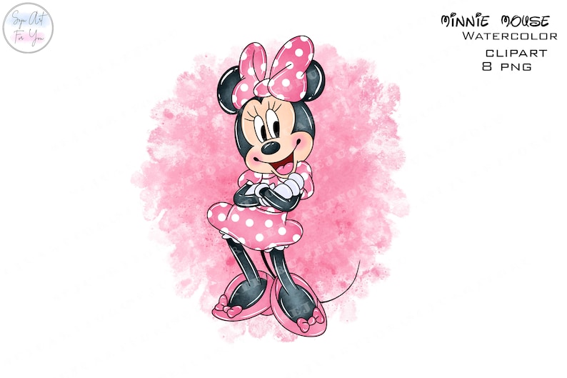 Op de afbeelding: Waterverfillustratie van Minnie Mouse in een roze jurk met stippen en een strik. Het personage staat tegen een roze aquarel achtergrond. Tekst luidt "Minnie Mouse Watercolor Clipart 8 PNG".