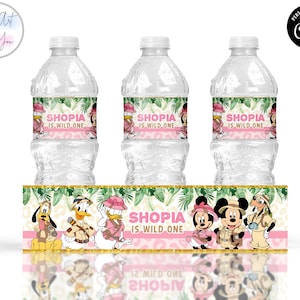 pink minnie mouse safari birthday water bottle labels  bottle labels template bottle labels wrappers party favors Editable printable  S009