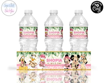Etiquetas para botellas de agua de cumpleaños con temática de safari de Minnie Mouse rosa (editables e imprimibles)