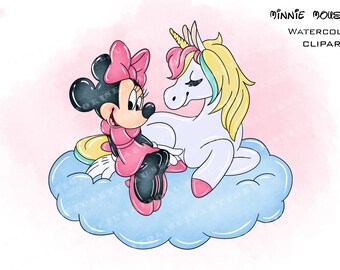 Watercolor Minnie Mouse Clipart Bundle, Unicorn, Sublimation PNG Files