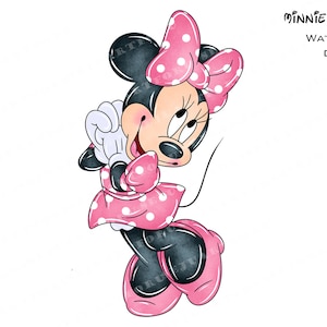 May include: Watercolor illustration of Minnie Mouse in a pink polka dot dress and bow. She is smiling and looking to the side.