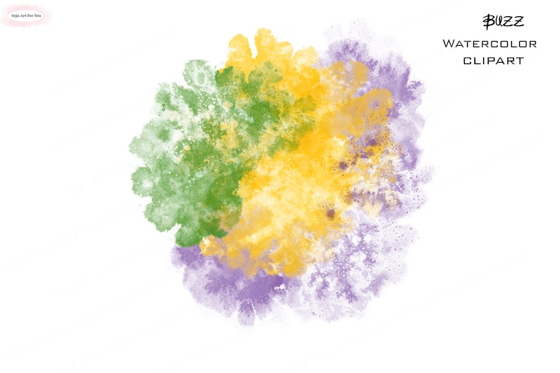 May include: A watercolor clipart image with a green, yellow, and purple splatter design. The colors are blended together to create a soft, abstract look.