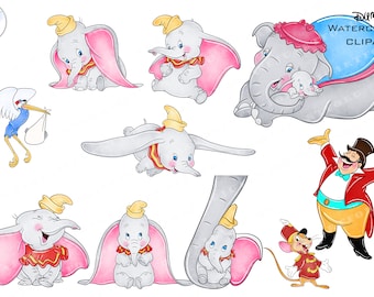 Puede incluir: Un conjunto de ilustraciones de acuarela con Dumbo el elefante. Las ilustraciones incluyen a Dumbo de bebé, volando y con su madre. También hay un maestro de ceremonias de circo y un ratón.