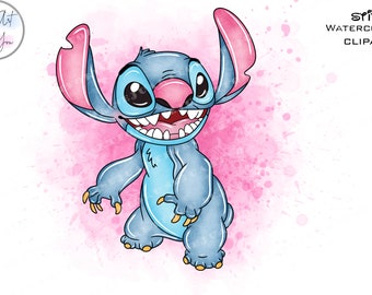 Stitch Watercolor Clipart, Cartoon Alien PNG (Digital Download)