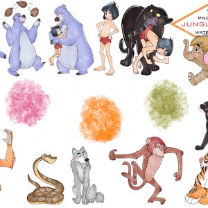 May include: Watercolor illustrations of characters from the Jungle Book, including Mowgli, Baloo, Bagheera, Kaa, Shere Khan, King Louie, and a wolf. The illustrations are set against a white background with watercolor splatters.