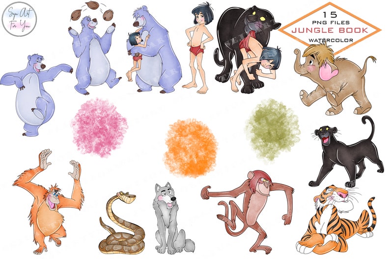 May include: Watercolor illustrations of characters from the Jungle Book, including Mowgli, Baloo, Bagheera, Kaa, Shere Khan, King Louie, and a wolf. The illustrations are set against a white background with watercolor splatters.