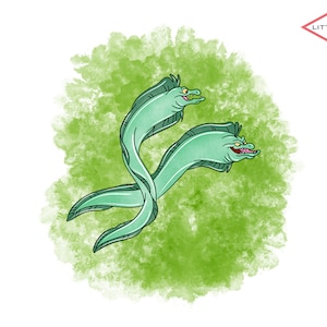 Puede incluir: Dos anguilas verdes con dientes afilados y ojos blancos nadan en un fondo verde acuarela. Las anguilas se miran y tienen la boca abierta. El fondo es una acuarela verde.