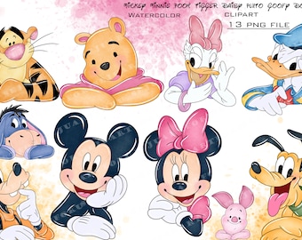 Może przedstawiać: Aquarelowe kliparty z postaciami: Myszka Miki, Minnie Mouse, Kubuś Puchatek, Tygrysek, Kaczka Daisy, Pluto, Goofy i Donald Duck. Wszystkie postacie uśmiechają się i patrzą na widza. Tło to jasnoróżowy akwarelowy wash.