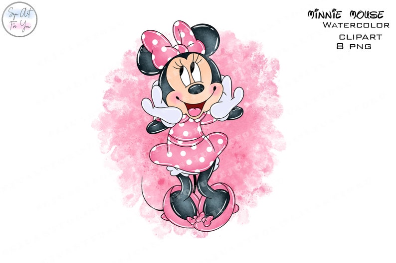 Op de afbeelding: Waterverfillustratie van Minnie Mouse in een roze jurk met stippen en een strik. De afbeelding bevat de tekst "Minnie Mouse Watercolor Clipart 8 PNG". De achtergrond is een roze aquarel wassing.