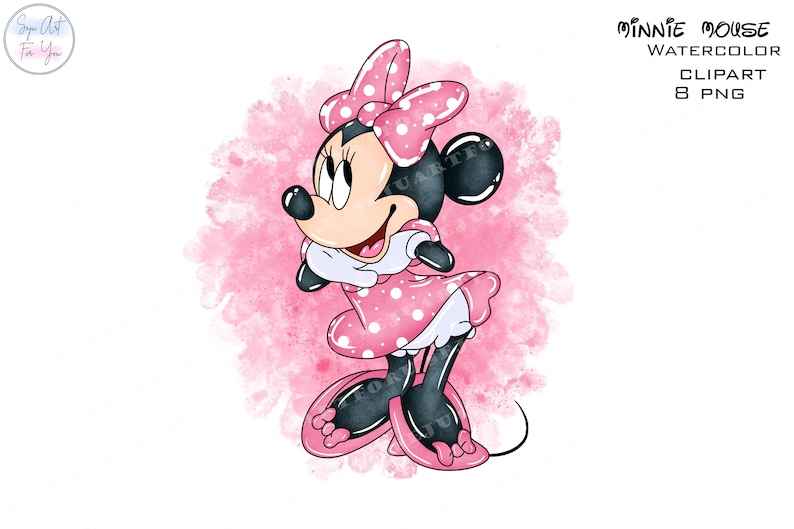 Op de afbeelding: Waterverfillustratie van Minnie Mouse in een roze jurk met stippen en een strik. De afbeelding bevat de tekst "Minnie Mouse Watercolor Clipart 8 PNG" en een roze aquarel achtergrond. Het personage lacht en poseert speels.