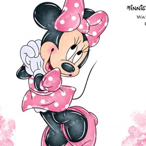 May include: A watercolour illustration of Minnie Mouse, depicted in a playful pose. She wears a pink dress with white polka dots, a matching bow, and white gloves. The image includes the text "Minnie Mouse Watercolor Clipart".