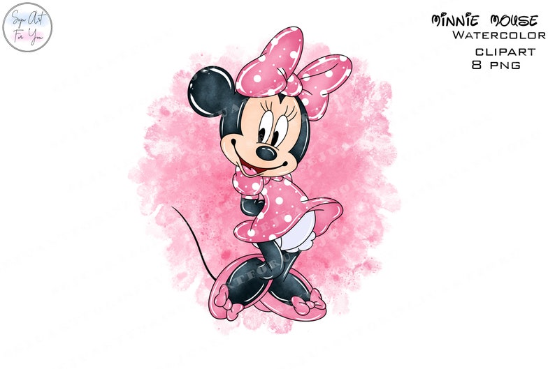 Op de afbeelding: Waterverfillustratie van Minnie Mouse in een roze jurk met stippen en een strik. De afbeelding heeft een roze aquarel achtergrond. Tekst in de afbeelding luidt "Minnie Mouse Watercolor Clipart 8 PNG".