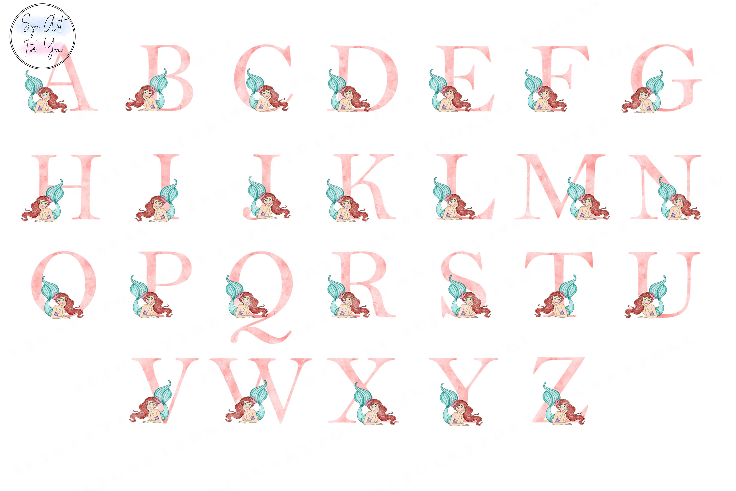 Ariel Watercolor Alphabet Clipart, Princess Letters (PNG) - Etsy