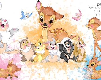 Watercolor Bambi Clipart, Thumper, Cute Deer PNG (Digital Download)