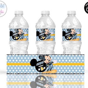 Blue Mickey mouse water bottle labels Birthday bottle labels template bottle labels wrappers party favors Editable printable download S016
