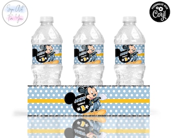 Niebieskie etykiety na butelki z wodą urodzinową z Myszką Miki (edytowalne, do wydrukowania i pobrania)