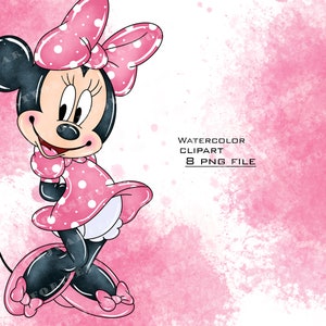 May include: Watercolor illustration of a pink and white polka dot Minnie Mouse with a pink bow. The background is a pink watercolor wash.