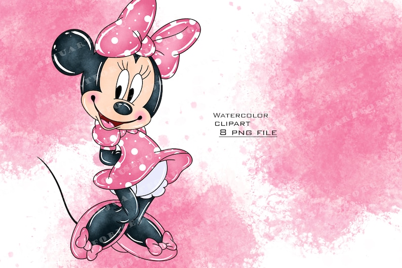 May include: Watercolor illustration of a pink and white polka dot Minnie Mouse with a pink bow. The background is a pink watercolor wash.