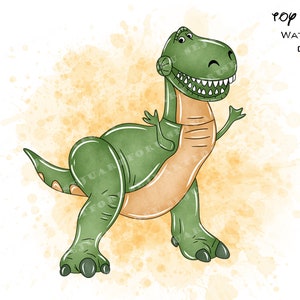 Peut inclure: Un dinosaure de dessin animé vert et brun avec un sourire narquois, debout sur un fond aquarelle jaune. Le texte "Toy Story Watercolor Clipart" est écrit en noir dans le coin supérieur droit de l'image.