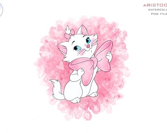 May include: A white cat with blue eyes and a pink bow, on a pink watercolor background with hearts.