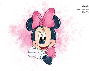 Minnie Mouse Watercolor Clipart, Pink Bow, PNG (Digital Download)