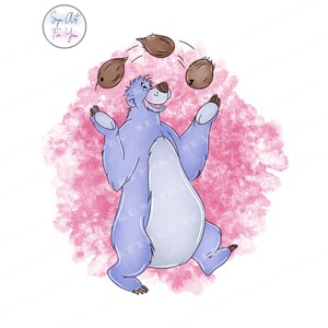 May include: A cartoon illustration of a blue bear juggling coconuts against a pink watercolor background.