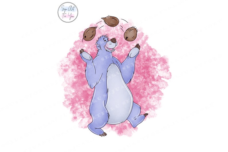 May include: A cartoon illustration of a blue bear juggling coconuts against a pink watercolor background.