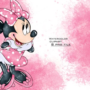 May include: Watercolor illustration of Minnie Mouse in a pink dress with white polka dots. She is wearing a pink bow with white polka dots and has a big smile on her face. The background is a pink watercolor wash.