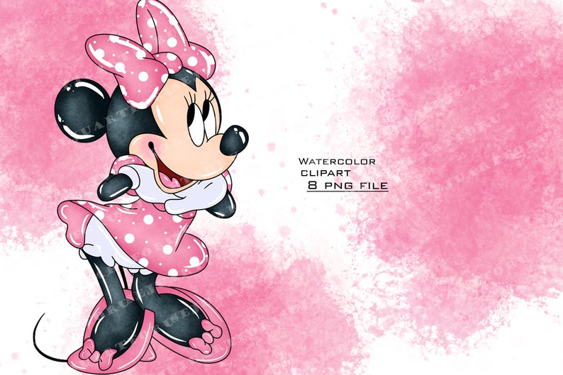 May include: Watercolor illustration of Minnie Mouse in a pink dress with white polka dots. She is wearing a pink bow with white polka dots and has a big smile on her face. The background is a pink watercolor wash.
