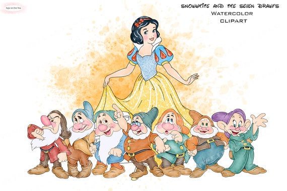 Snow White Watercolor Clipart, Princess and Seven Dwarfs (digital