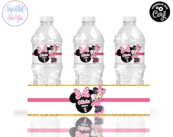 Etiquetas rosas para botellas de agua de Minnie Mouse para cumpleaños (Descarga imprimible editable)