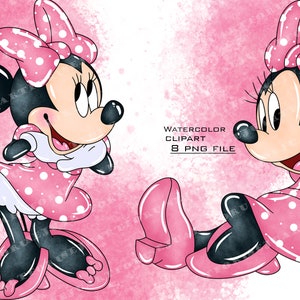 May include: Two watercolor illustrations of a cartoon mouse wearing a pink dress with white polka dots and a pink bow with white polka dots. The mouse on the left is standing with her arms crossed. The mouse on the right is sitting with her legs crossed. Both mice are smiling.