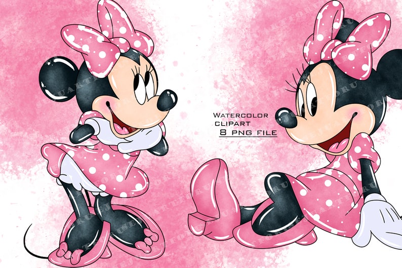 May include: Two watercolor illustrations of a cartoon mouse wearing a pink dress with white polka dots and a pink bow with white polka dots. The mouse on the left is standing with her arms crossed. The mouse on the right is sitting with her legs crossed. Both mice are smiling.