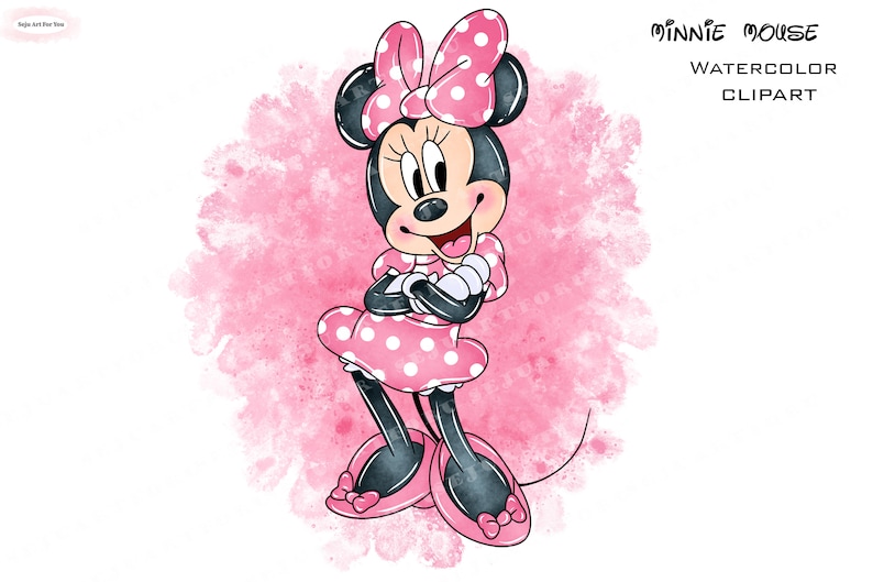 Puede incluir: Ilustraci&oacute;n de acuarela de Minnie Mouse con un vestido rosa de lunares y un lazo. Ella est&aacute; de pie con los brazos cruzados y sonriendo. El fondo es una acuarela rosa.