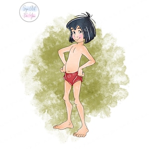 May include: A cartoon illustration of a young boy with black hair and brown eyes, wearing a red loincloth. He is standing with his hands on his hips, against a green watercolor background.