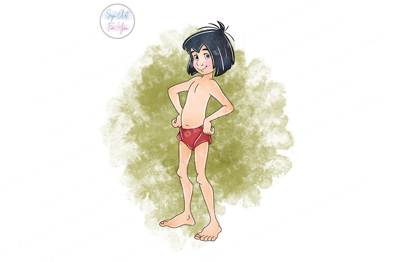 May include: A cartoon illustration of a young boy with black hair and brown eyes, wearing a red loincloth. He is standing with his hands on his hips, against a green watercolor background.