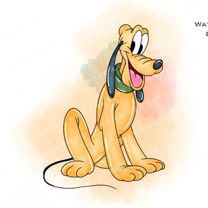 以下が含まれることがあります： ディズニーの漫画犬であるプルートのウォーターカラーイラスト。舌を出して座っています。背景はオレンジとピンクのソフトなウォーターカラーウォッシュです。