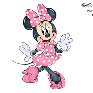 May include: Watercolor illustration of Minnie Mouse in a pink polka dot dress with a pink bow in her hair. She is smiling and waving with her right hand.