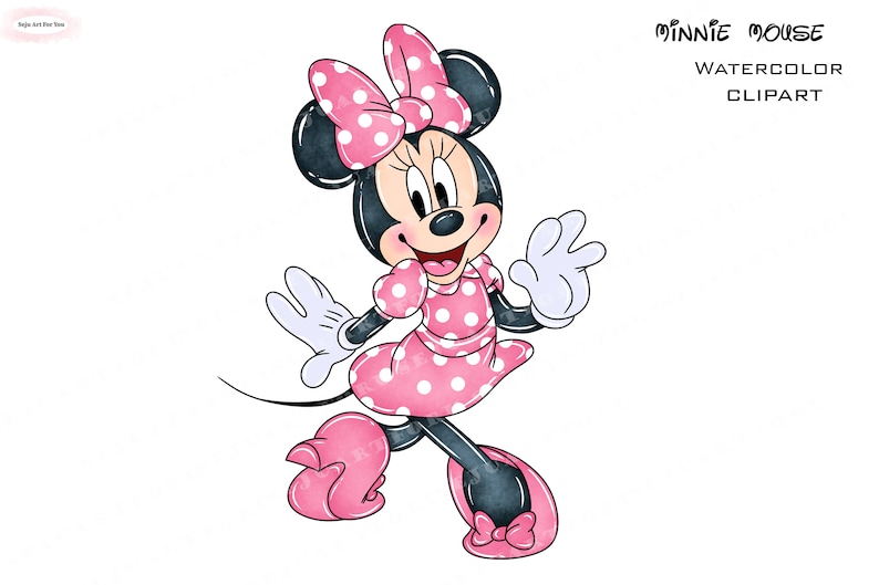 May include: Watercolor illustration of Minnie Mouse in a pink polka dot dress with a pink bow in her hair. She is smiling and waving with her right hand.