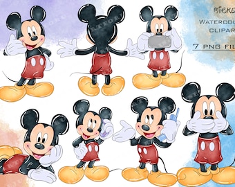 Mickey Mouse Watercolor Clipart, 7 PNG Files (Digital Download)