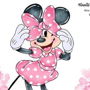 May include: Watercolor clipart of Minnie Mouse in a pink polka dot dress and bow. She is smiling and holding her bow. The image has the text "Minnie Mouse Watercolor Clipart".