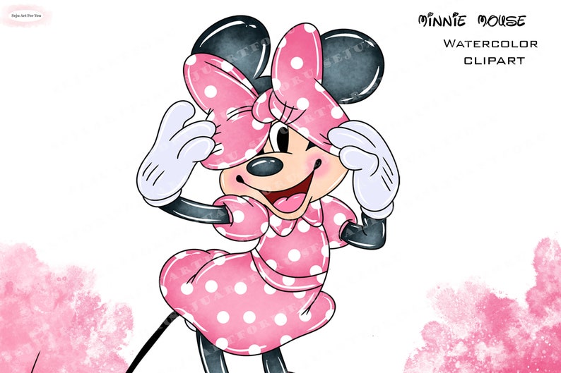 May include: Watercolor clipart of Minnie Mouse in a pink polka dot dress and bow. She is smiling and holding her bow. The image has the text "Minnie Mouse Watercolor Clipart".