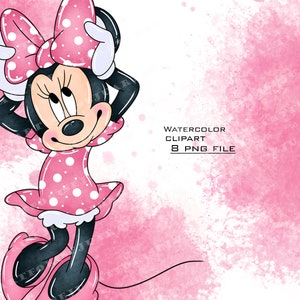 May include: Watercolor illustration of Minnie Mouse in a pink polka dot dress with a pink bow in her hair. The background is a pink watercolor wash.