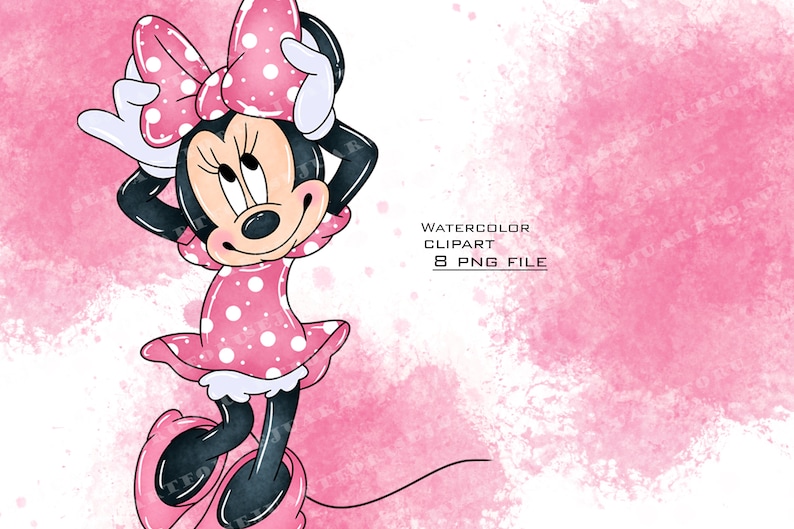 May include: Watercolor illustration of Minnie Mouse in a pink polka dot dress with a pink bow in her hair. The background is a pink watercolor wash.