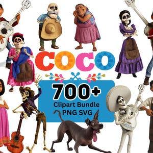 May include: A digital collection of Coco characters including Miguel, Hector, and Dante the dog, featuring guitars, traditional clothing, and skeletons. The central blue graphic displays the text COCO 700+ Clipart Bundle PNG SVG.