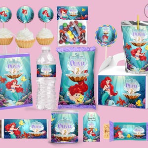 Paquete de recuerdos para fiesta de cumpleaños de la princesa Ariel, etiquetas para fiesta de cumpleaños de La Sirenita, paquete de fiesta, suministros para fiesta, paquete de fiesta, artículos para pintar para fiesta.